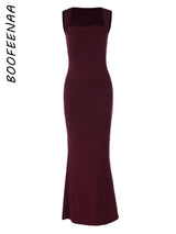 BOOFEENAA Square Neck Sleeveless Fishtail Maxi Dress Party Night Elegant Black Dresses Woman Luxury High Quality C70-CZ32