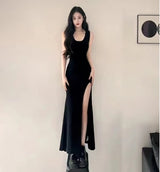 2025 Elegant Black Sleeveless Maxi Dress with High Side Slit, Bodycon Evening Party Gown