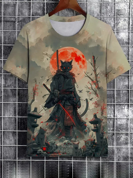 2025 Men's Japanese Samurai Cat Art 3D Print Casual T-shirts Streetwear Tee Tops Summer Men Women Harajuku Short Sleeve Y2k Tees