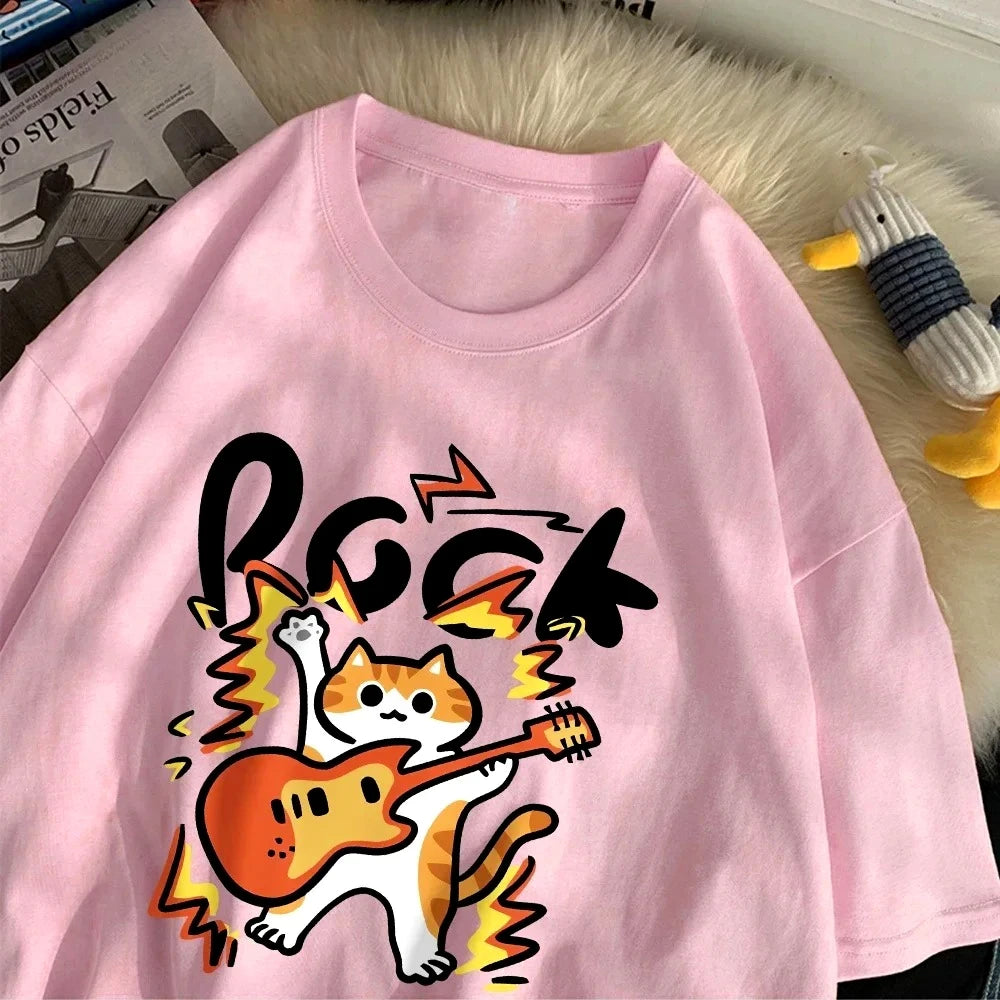 Rock Hip Hop Cat Women T-Shirts Cartoons Printing Tops Loose O-Neck Comfortable Tee Shirts Summer Casual Woman Clothes
