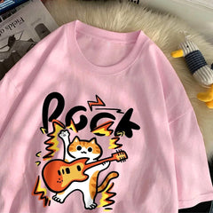 Rock Hip Hop Cat Women T-Shirts Cartoons Printing Tops Loose O-Neck Comfortable Tee Shirts Summer Casual Woman Clothes