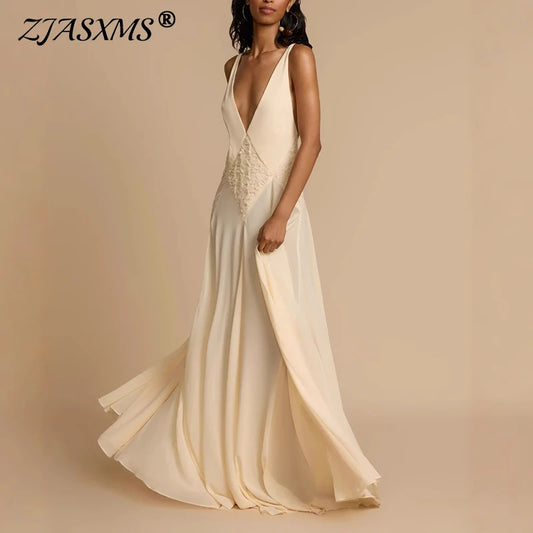Chic Sexy Deep V Neck Hollow Boho Dress Woman Spring Patchwork Lace Sling Long Dress Summer Sleeveless Backless Loose Maxi Dress