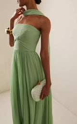 Strapless Green Evening Gown Pleats Chiffon Floor Length Formal Dress With Scarf Prom Party Maxi Dress Zip Back Customized