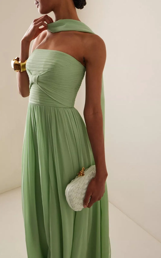 Strapless Green Evening Gown Pleats Chiffon Floor Length Formal Dress With Scarf Prom Party Maxi Dress Zip Back Customized