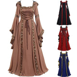 Vintage Medieval Maxi Dress for Women Gothic Bandage Flare Sleeve Floor Length Dress Lady Elegant High Waist Square Neck Dresses