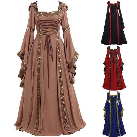 Vintage Medieval Maxi Dress for Women Gothic Bandage Flare Sleeve Floor Length Dress Lady Elegant High Waist Square Neck Dresses
