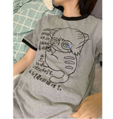 I Am A Cat Letter Print Summer Tops Women Vintage Kawaii Tshirt Simple Harajuku T-shirts Y2k Aesthetic Casual Gray Cute Tees