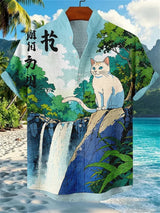 Men's Summer Casual Short Sleeve Linen Shirt Fashionable Stand-up Collar Japanese Retro Samurai Cat Printed Cardigan