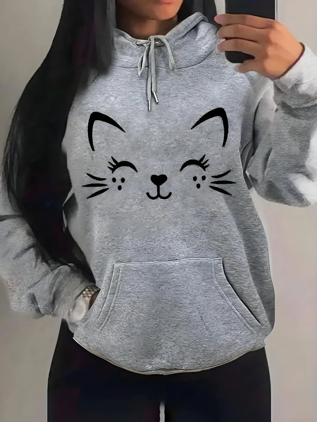 Women's Autumn Winter Hoodie Happy Cat Pattern Casual Street Wear Hip Hop Trendy Fashion Sweatshirt Sportswear