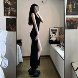 2025 Elegant Black Sleeveless Maxi Dress with High Side Slit, Bodycon Evening Party Gown
