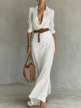 Lapel Solid Patchwork Chic Party Dress, Women Autumn Casual Long Sleeve Simple Maxi Dress, 2025 Elegant Fashion Ladies Dresses