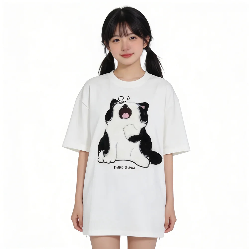 Sleeping Cat Embroidered T-Shirt