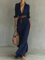 Lapel Solid Patchwork Chic Party Dress, Women Autumn Casual Long Sleeve Simple Maxi Dress, 2025 Elegant Fashion Ladies Dresses