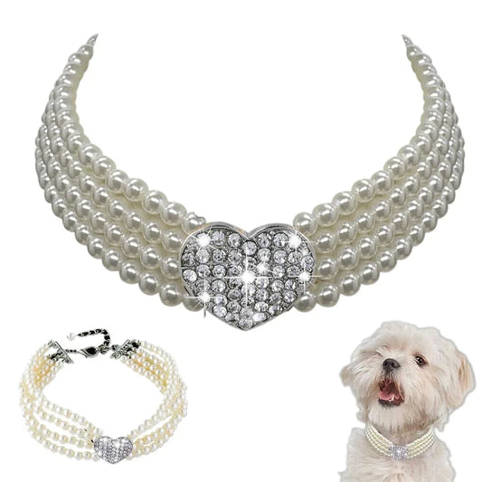 4-Row Rhinestone Pearl Pet Collar Necklace