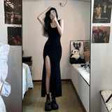 2025 Elegant Black Sleeveless Maxi Dress with High Side Slit, Bodycon Evening Party Gown