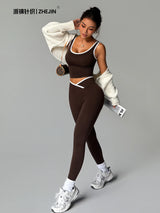 2 Piece Yoga Set Women Crossover V Waist Leggings Contrast Trim Sports Bra Gym Workout Matching Set Fitness Activewear Suit