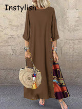 Women Vintage Harajuku Long Dress Bohemian Stitching Print 3/4 Sleeve O Neck Loose Oversized Maxi Dress Casual Elegant Robe