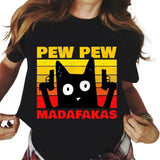 Pew Madafakas Cute Black Cat Print Women's Casual Fashion Round Neck Short-Sleeved T-Shirt Summer Streetwear Personality Y2K Top