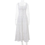 Y2K Simple Elegant Square-neck White Maxi Dress Summer Slim Lace Up Sleeveless Dreses French Party Beachwear Casual Vestidos