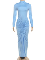 kliou Shirring Classic Women Maxi Dress High Street Autumn New Solid Turleneck Long Sleeve Bodycon Ladies Elegant Trend Vestidos