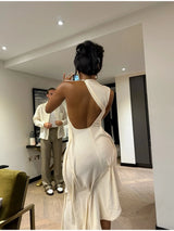 Romantic Soft Halter Maxi Dress Ruched Asymmetrical Women Dresses Anniversary Dinners Vacation Elegant Female Party Wear