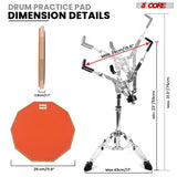 5 Core Drum Practice Pad Set 12" Adjustable Snare Drumming Stand Double Sided Silent Drummer Kit - DPAD COMBO ORG