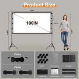 100inch/120inch Options Projector Screen With Stand 16:9 4K HD Rear Front Wrinkle-Free Portable And Foldable Movie Screen With Carry Bag For Indoor Outdoor Home Theater Backyard Cinema