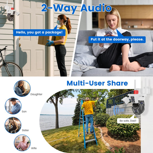 1080P HD 4-Lens Security Camera 360 Degree View WiFi Pan & Tilt Surveillance Camera With Full Color Night Vision Auto Motion Tracking 2-Way Audio Spotlights IP66 Waterproof Max 128G Not Included