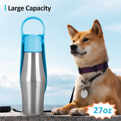 Leaf-bowl travel water bottle with a squeezable body and fold-out leaf-shaped drinking bowl for dogs on walks.