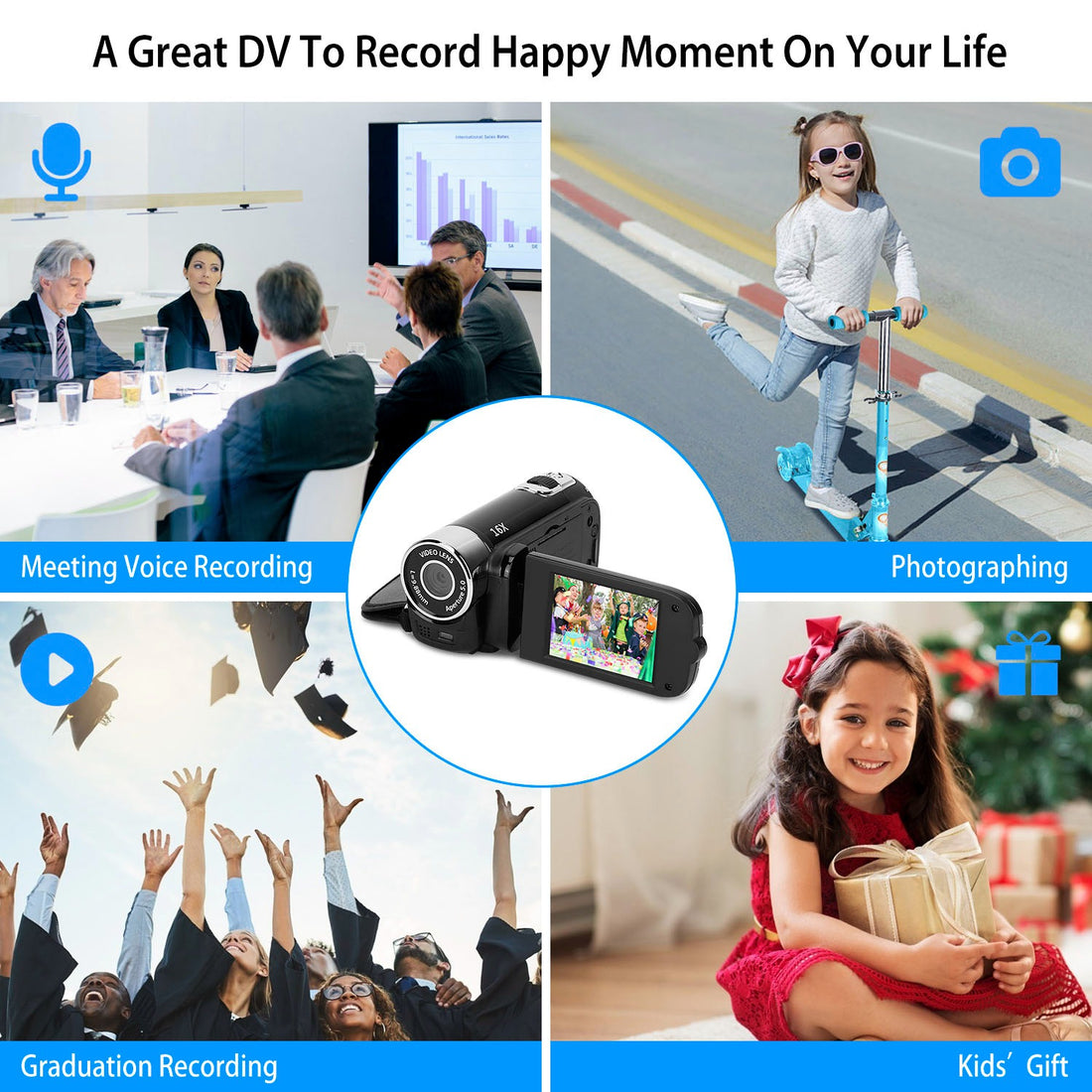 Black-Red Options - 1Pc HD 1080P Digital Video Camcorder 2.7in 16X Zoom DV Camera 270 Degree Rotation Rechargeable Kid Camera With Fill Light Selfie