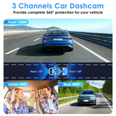 3 Channel Dash Cam For Cars, 1080P Full HD Front Camera (140° Wide View) With 480P Interior & Rear Cameras, 360° Vehicle Protection, Picture-in-Picture Display For Collision Evidence