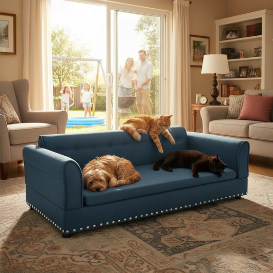 Kindred Corner Elevated Linen Pet Sofa — Dark Blue
