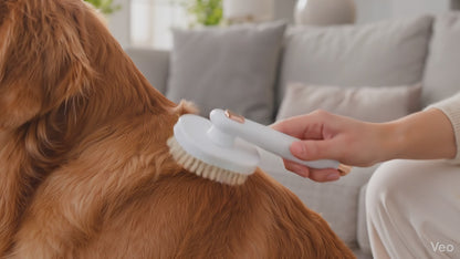Grooming glove during a cuddle session — turning a pet a few times to collect loose hair.