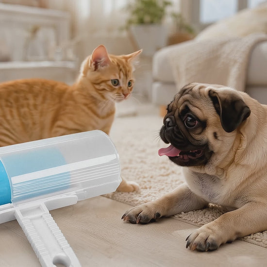 Kitten and dog playing with Morning Fur Washable Touch-Up Roller