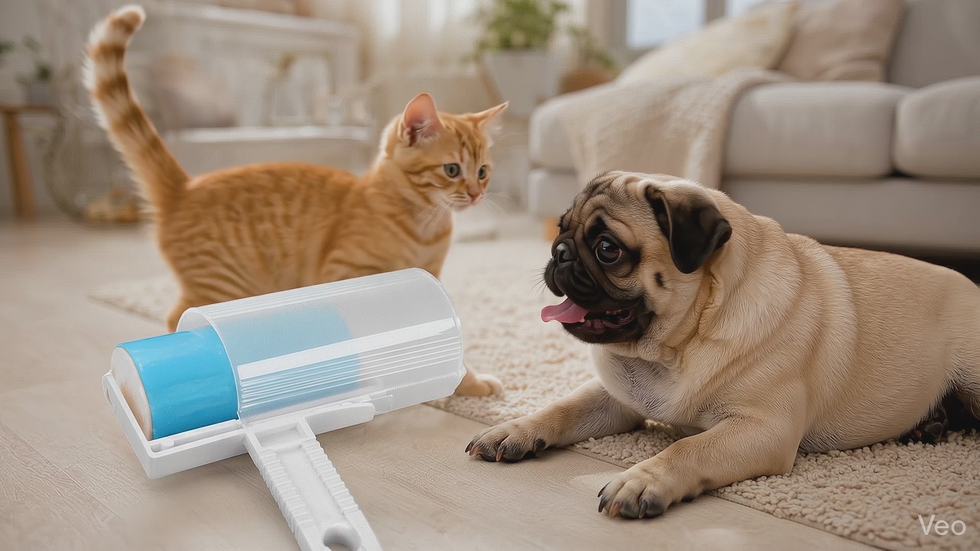 Blue washable touch-up roller with a kitten and dog at play — the everyday fur scene the tool is for.