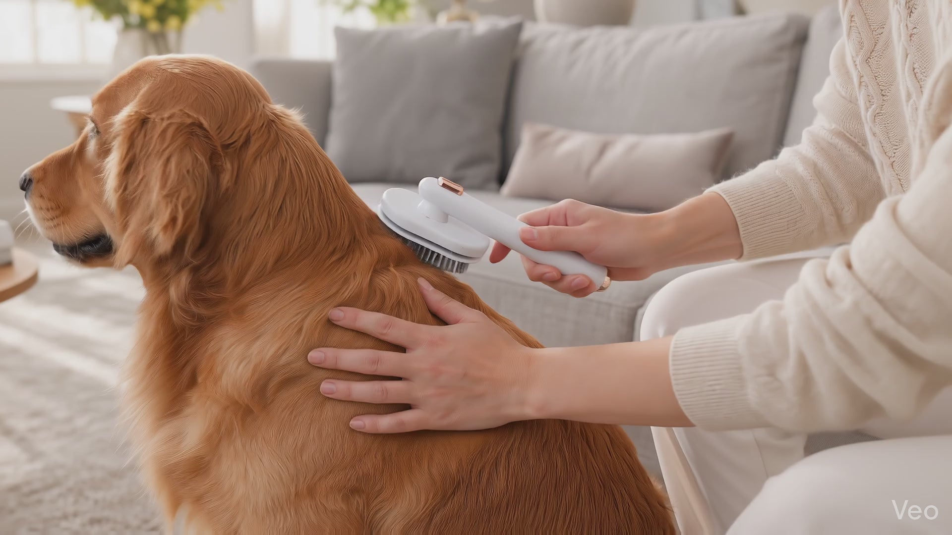 Grooming comb pulling through pet fur — a real comb pass on a real coat.