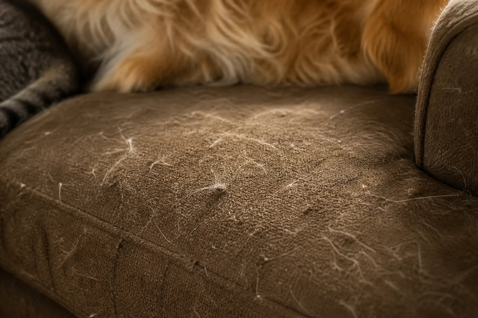 Close-up of pet hair embedded in worn couch fabric.
