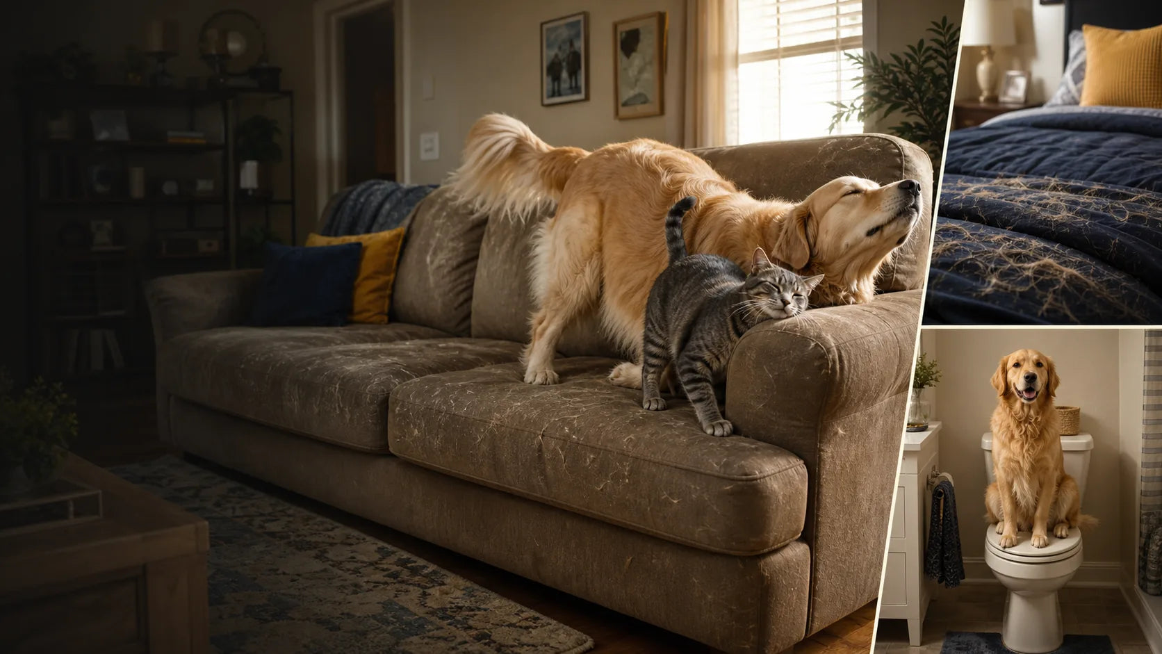A golden retriever and tabby cat resting on a worn couch, fur embedded in the fabric.