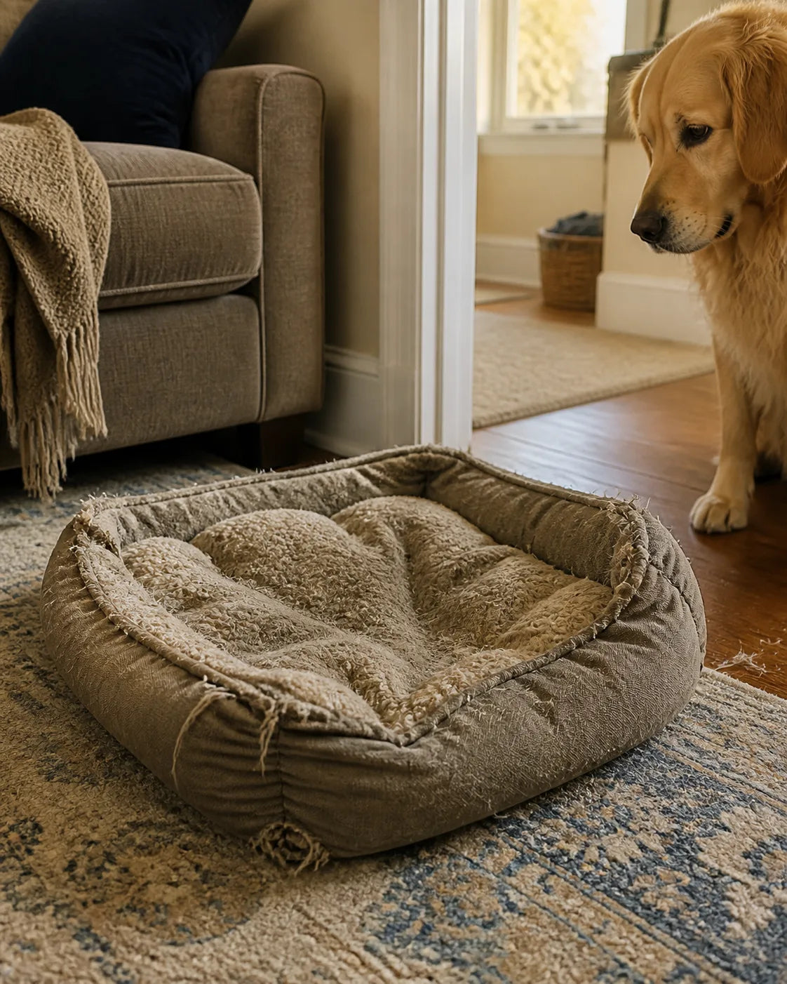 A flattened, frayed dog bed on a living-room floor beside a couch.