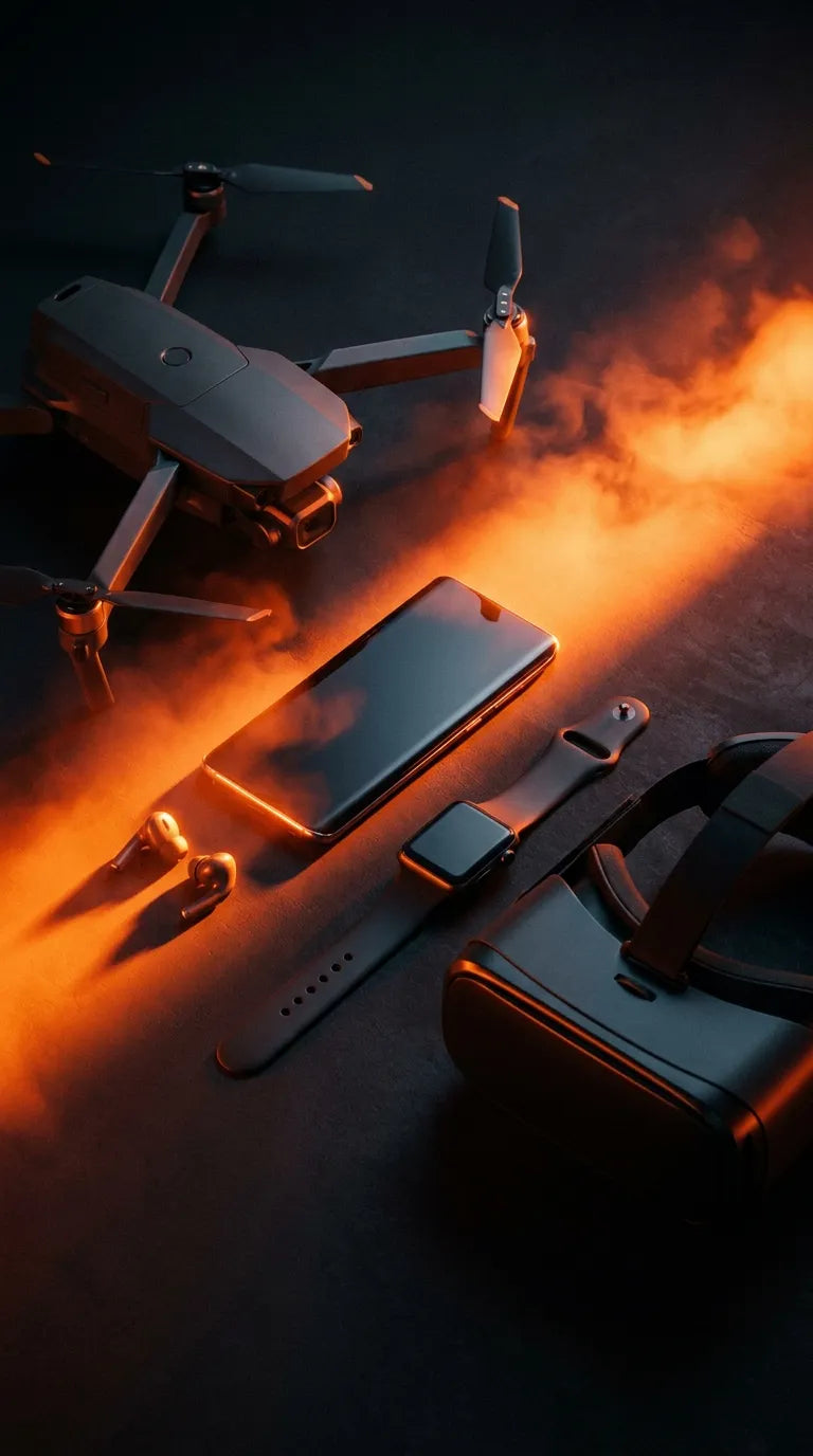 Premium gadgets and tech gear in a cinematic fiery setting