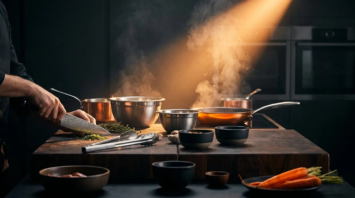 Steaming copper pots on a kitchen island under dramatic light