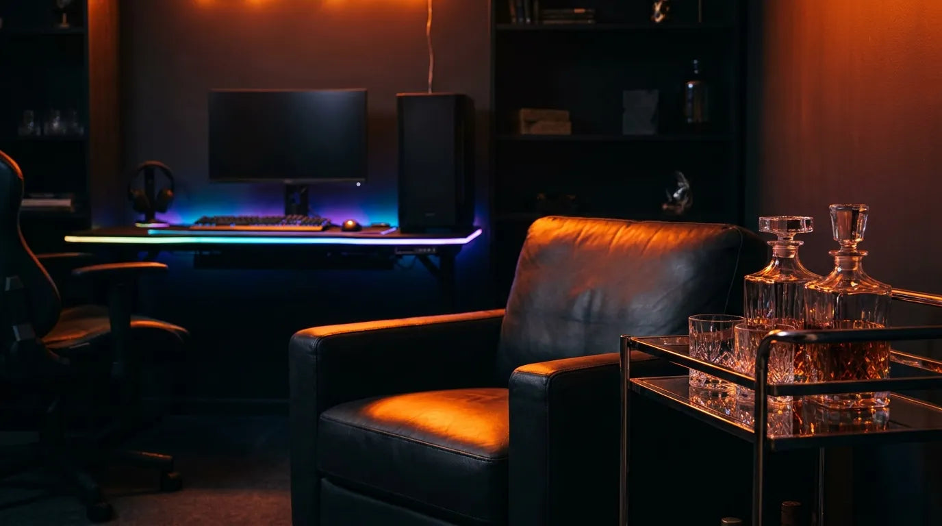 Dark man cave with an RGB-lit desk, leather armchair and a whiskey decanter