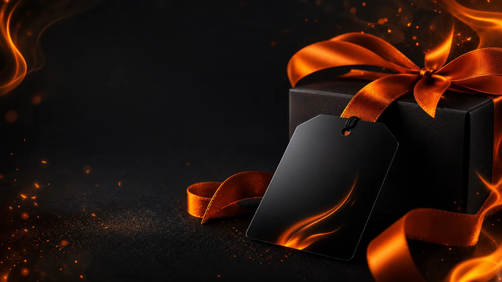 Black gift box with a flame-orange ribbon